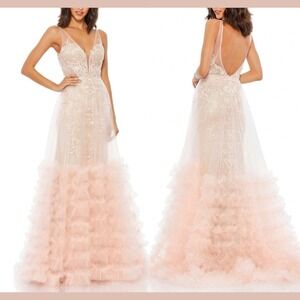 NWT Mac Duggal [ 16 ] 11183 Lace Ruffle Tiered Sleeveless Plunge Neck Gown J1723
